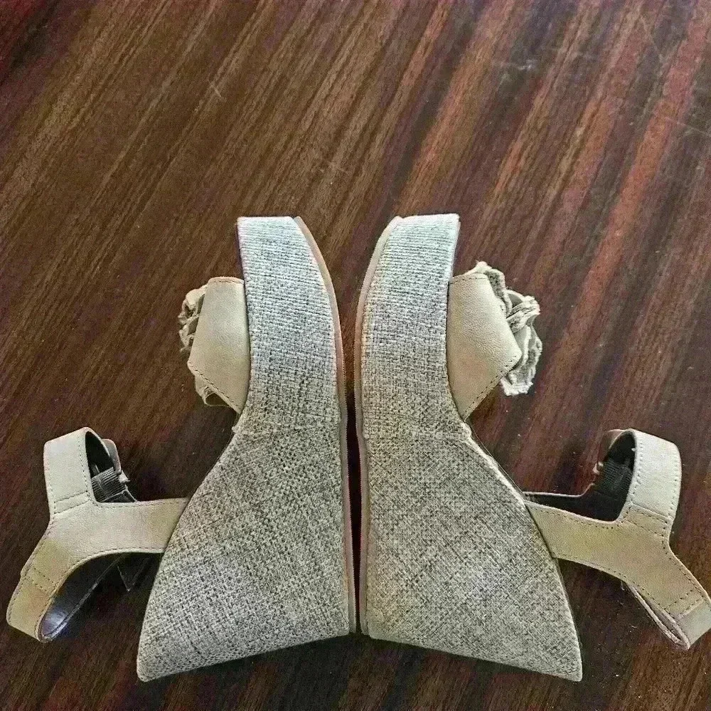 Bata Tan Leather Ankle Strap Linen covered Platform Wedge Sandal Size EU 36 US 6
